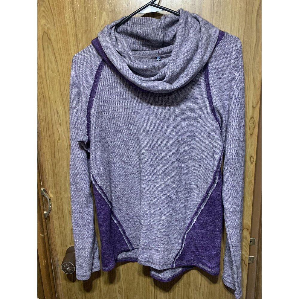 Kuhl NOVA Knit Sweater Pullover Cowl Neck Wool Blend Purple Exposed Seams Size S